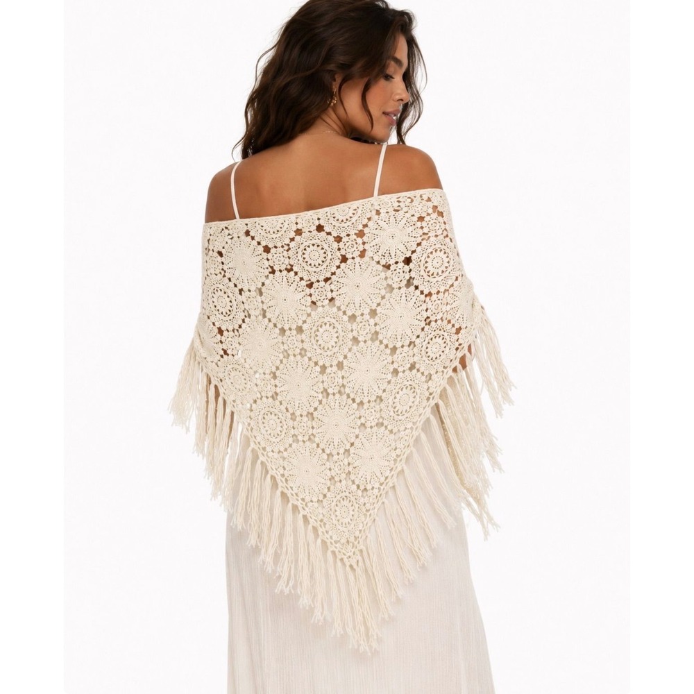 Cream Crochet Floral Medallion Fringe Triangle Shawl Boho Wrap Scarf